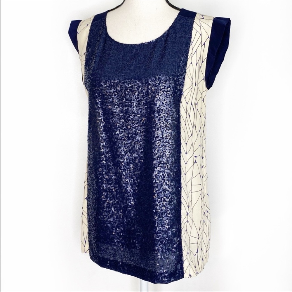 CLUB MONACO Sequin Flutter Sleeve Blouse Navy SP